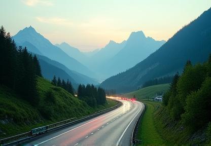 Panorama einer österreichischen Autobahn mit Alpen im Hintergrund